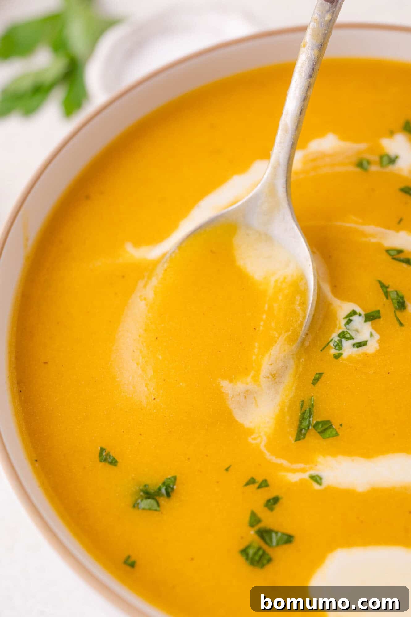 A bowl of creamy kabocha soup garnished with chopped herbs and a swirl of cream, with a spoon dipped into the soup.