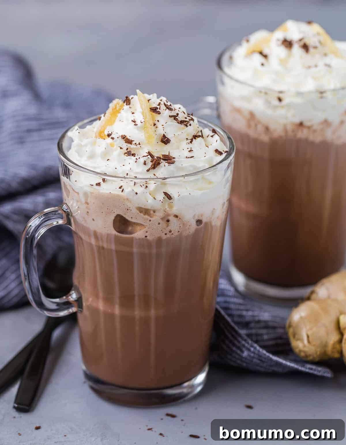 Two enticing mugs of microwave hot chocolate, artfully garnished with whipped cream, delicate chocolate shavings, and sparkling candied ginger.
