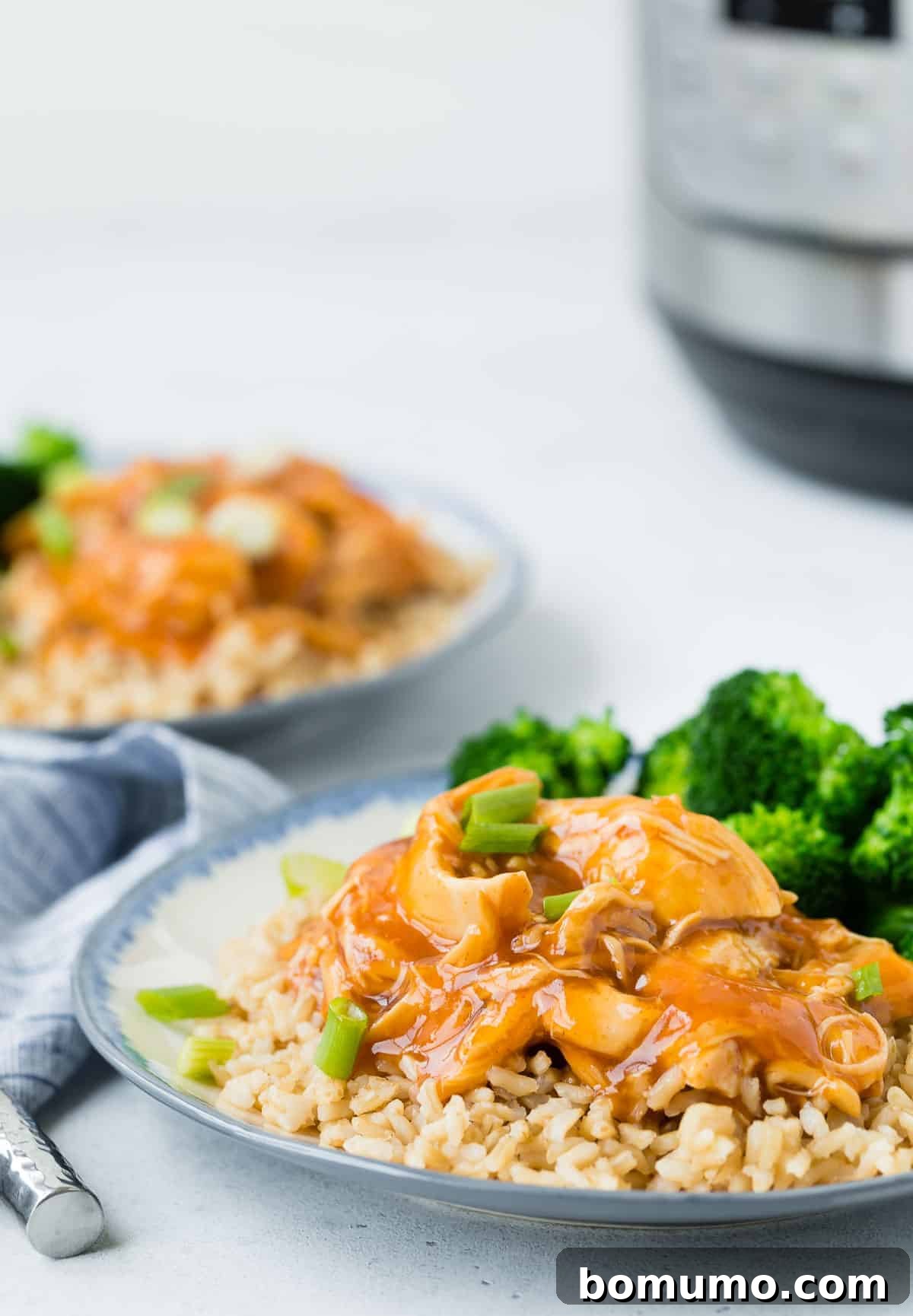 Two plates of glazed chicken, rice, and broccoli, with an instant pot in the background.
