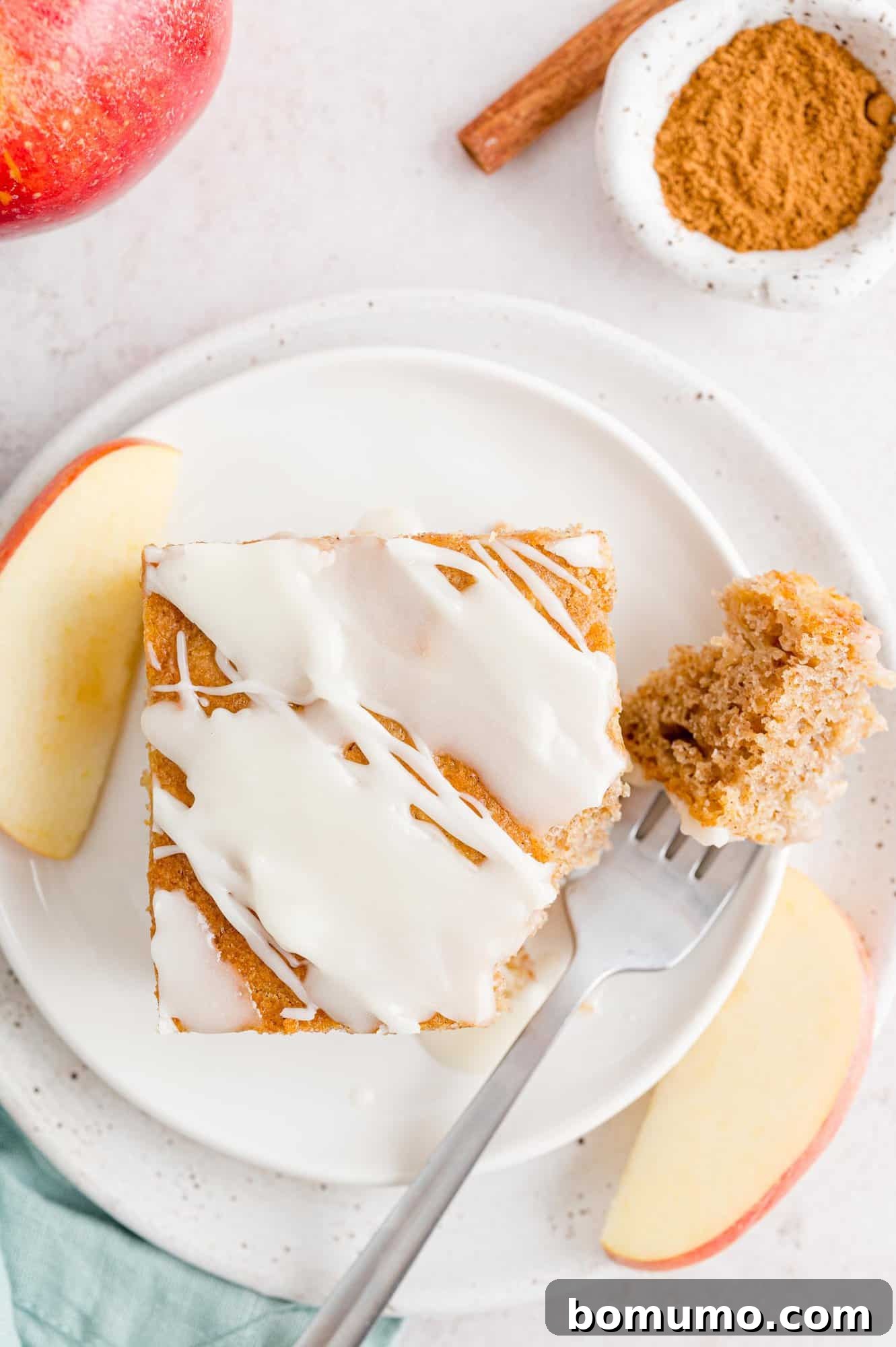 Overhead view of a forkful of cake resting next to a slice of apple spice cake on a plate.