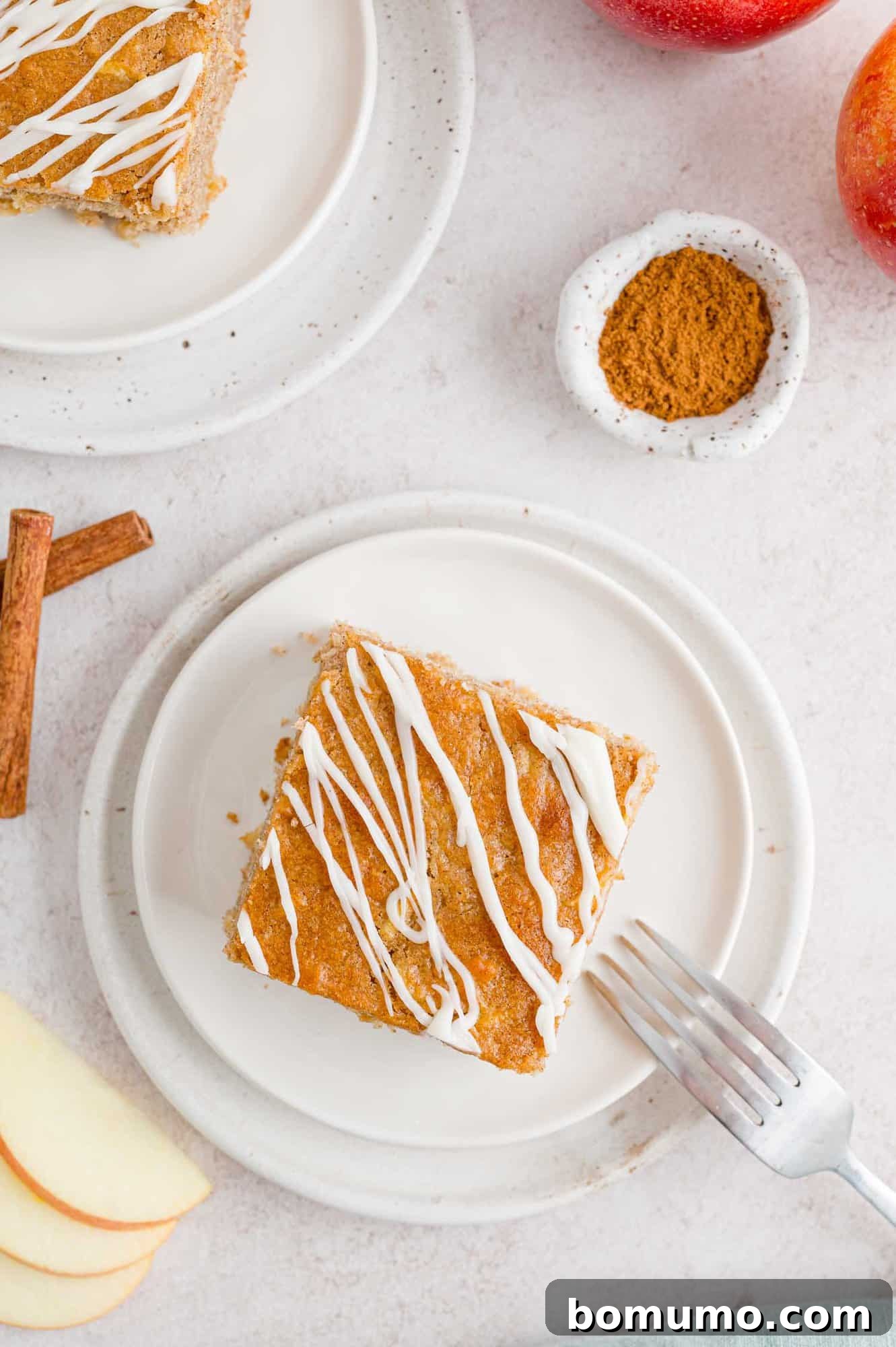 Overhead view of a slice of apple spice cake on a plate.
