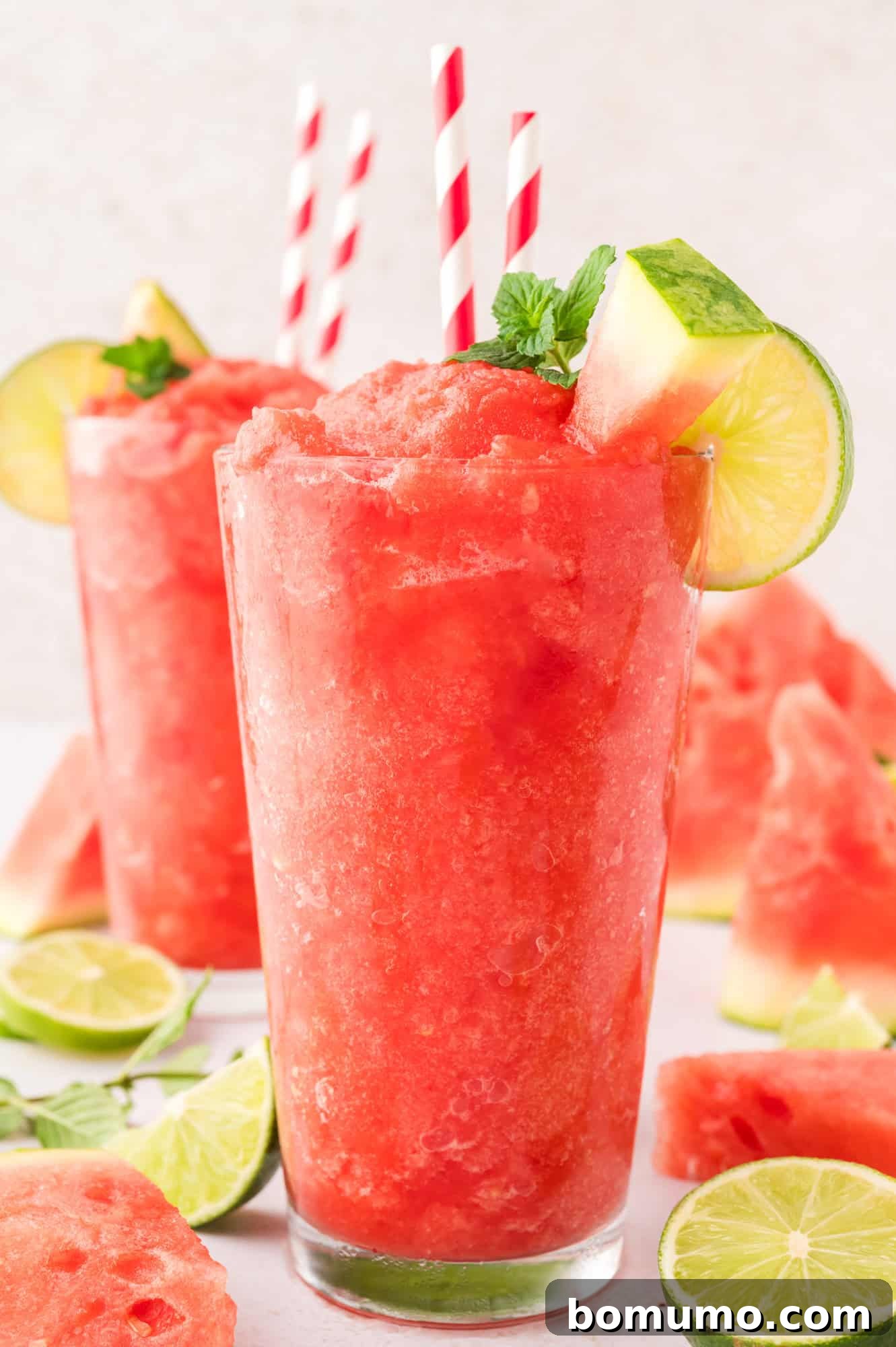 Vibrant watermelon slushie served in a tall glass, elegantly garnished with a fresh lime slice and a sprig of mint. Another glass of slushie blurred in the background, enhancing the refreshing scene.