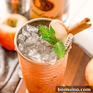 An iced drink in a copper cup, garnished with apple, mint leaves, and a cinnamon stick