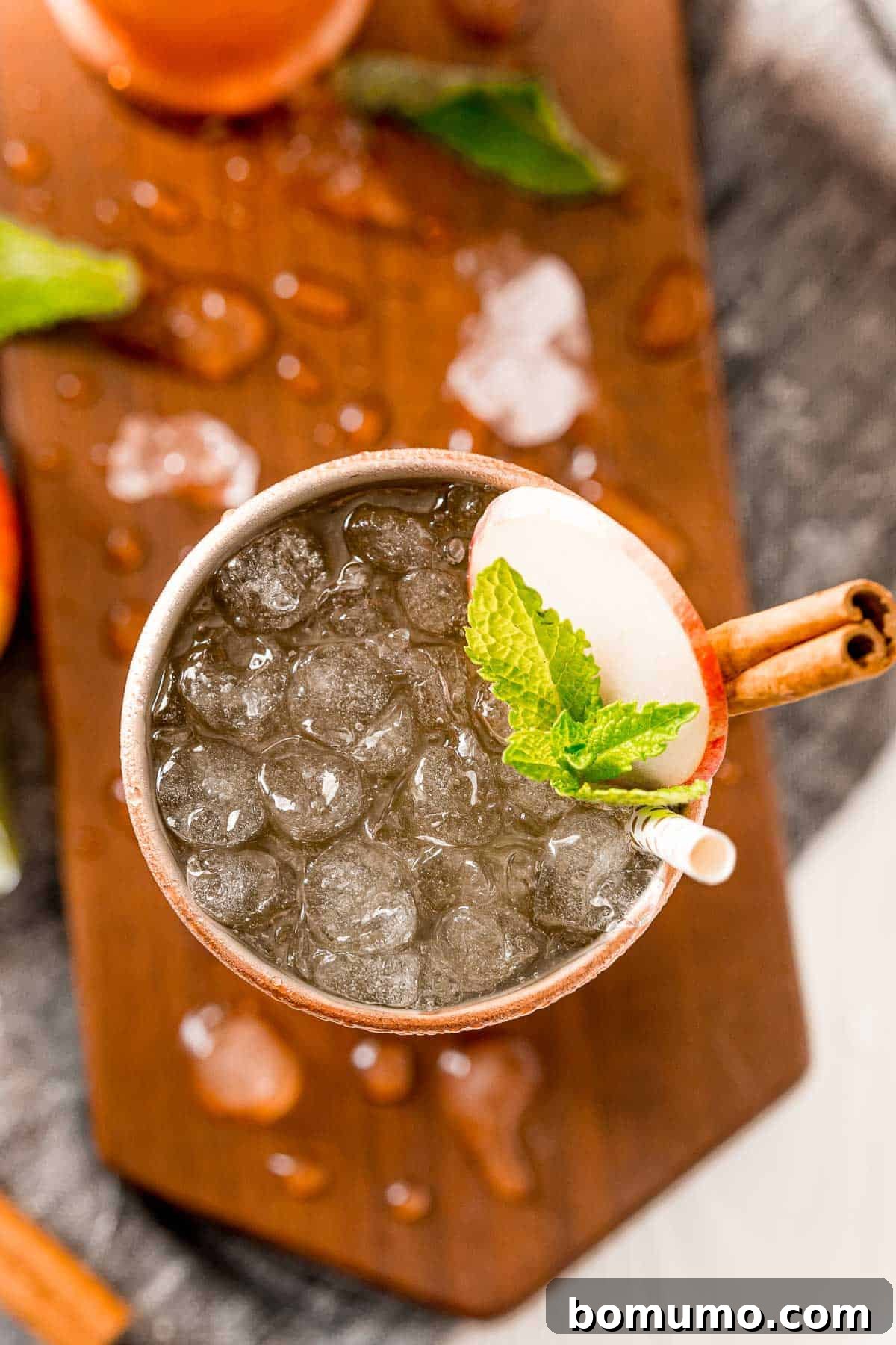 Overhead perspective of a beautifully crafted apple cider mule served in a traditional copper cup, showcasing its inviting amber hue and vibrant garnishes.