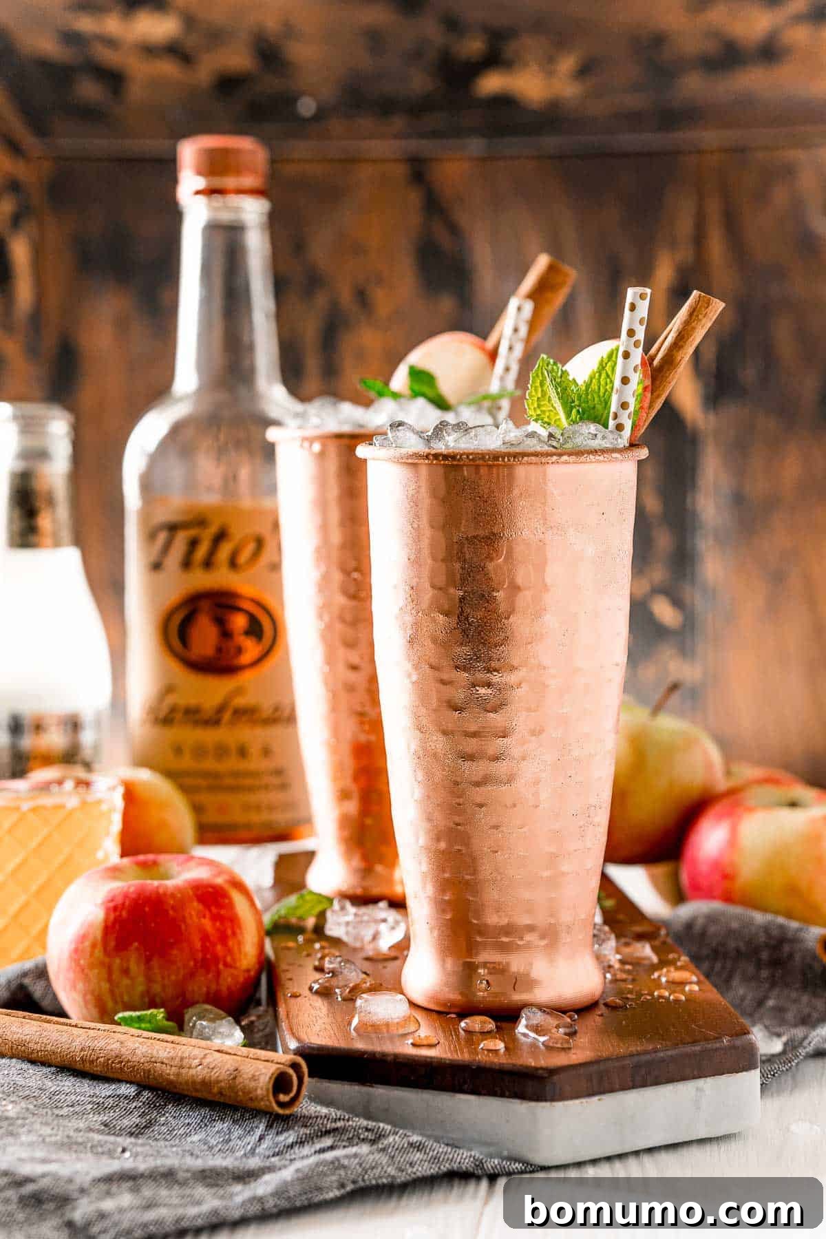 Two elegant copper glasses filled with Apple Cider Moscow Mules, garnished with fresh mint, crisp apple slices, and fragrant cinnamon sticks. Bottles of vodka and ginger beer are artfully blurred in the background, hinting at the ingredients.