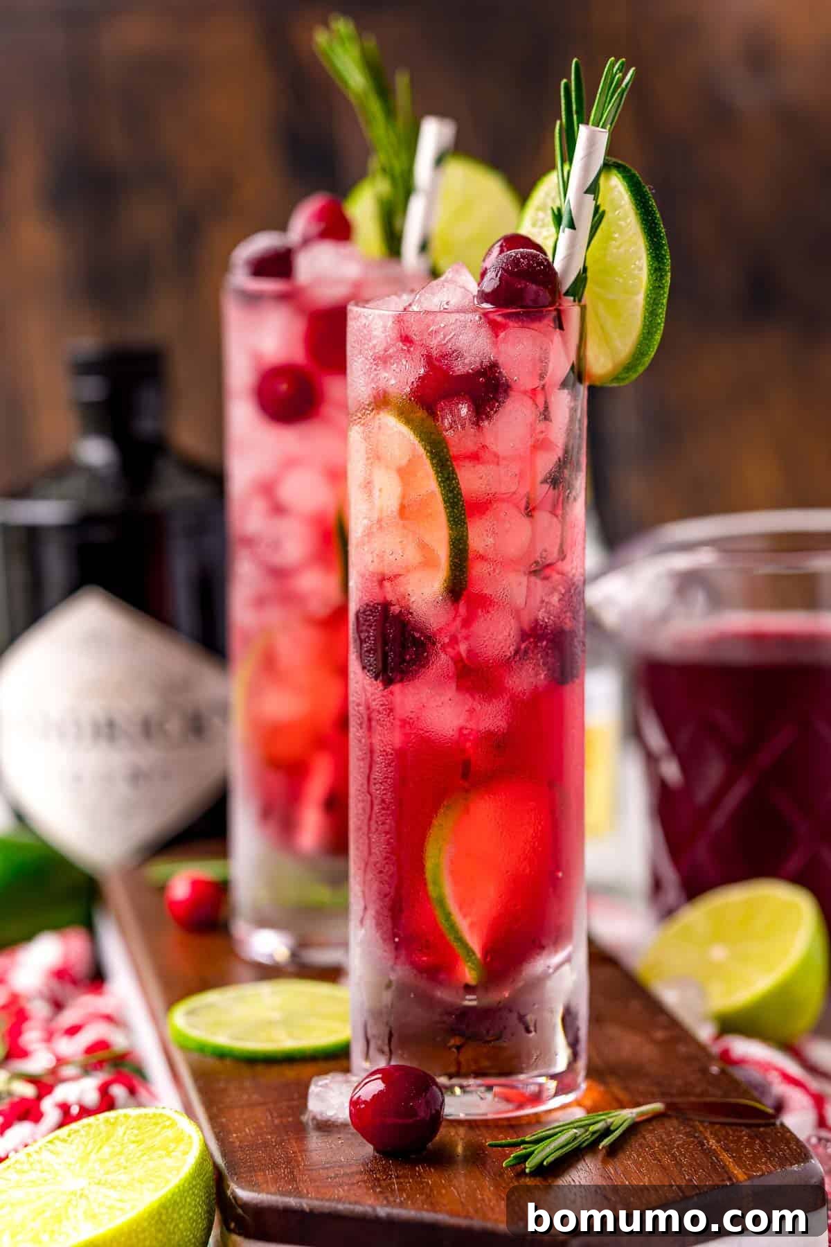 Two bright red cranberry gin and tonics with limes, fresh rosemary, and ingredients in the background.