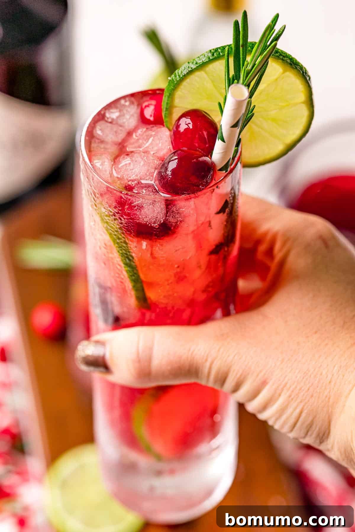 A hand holding a gin and tonic made with cranberries.