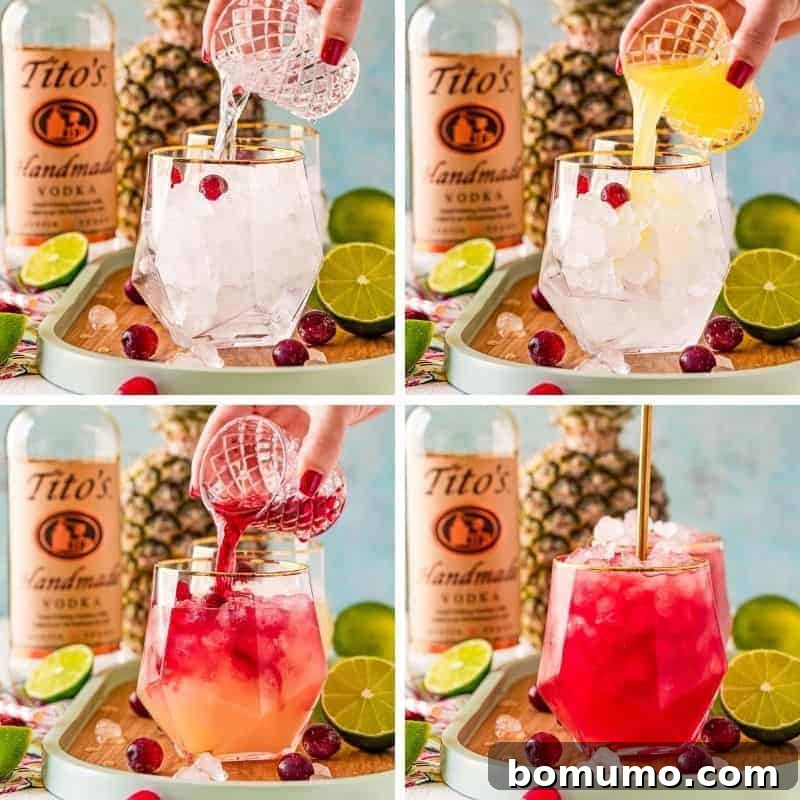 A four-panel image illustrating the steps to make a Bay Breeze cocktail, from pouring ingredients into a glass.
