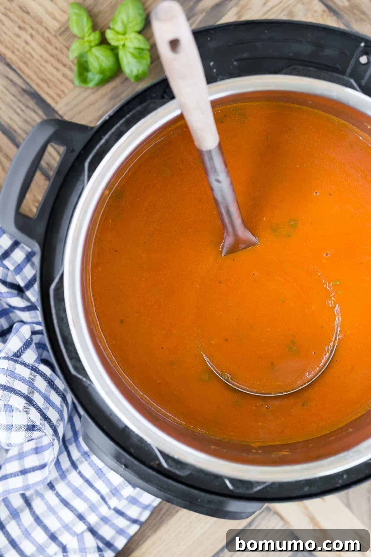 Tomato soup in an instant pot with a ladle.