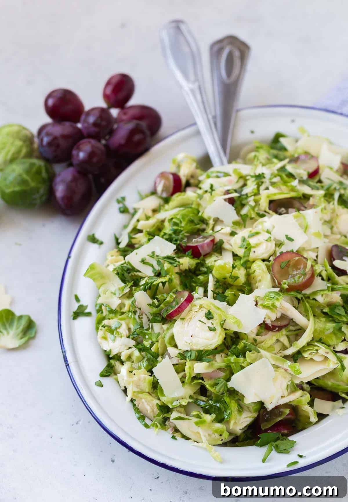 Close-up of a vibrant shredded Brussels sprouts salad, artfully mixed with juicy red grapes, highlighting the fresh, crisp texture.