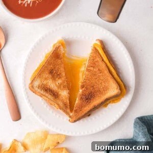 Air fryer grilled cheese sandwich on a white plate, halves pulled apart to show cheese.