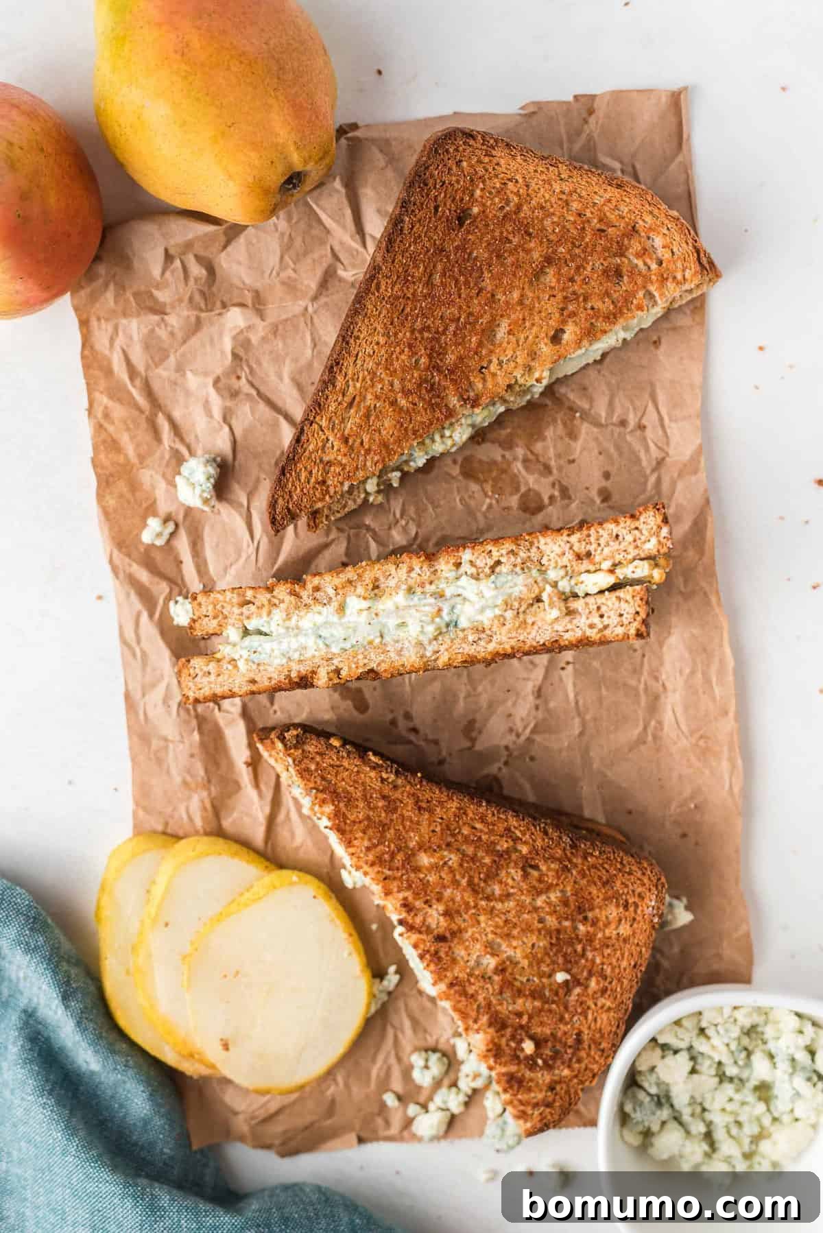 Grilled cheese made with blue cheese and pear slices.