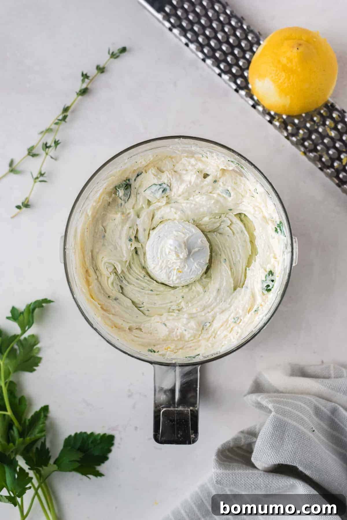 Goat cheese dip in a food processor.