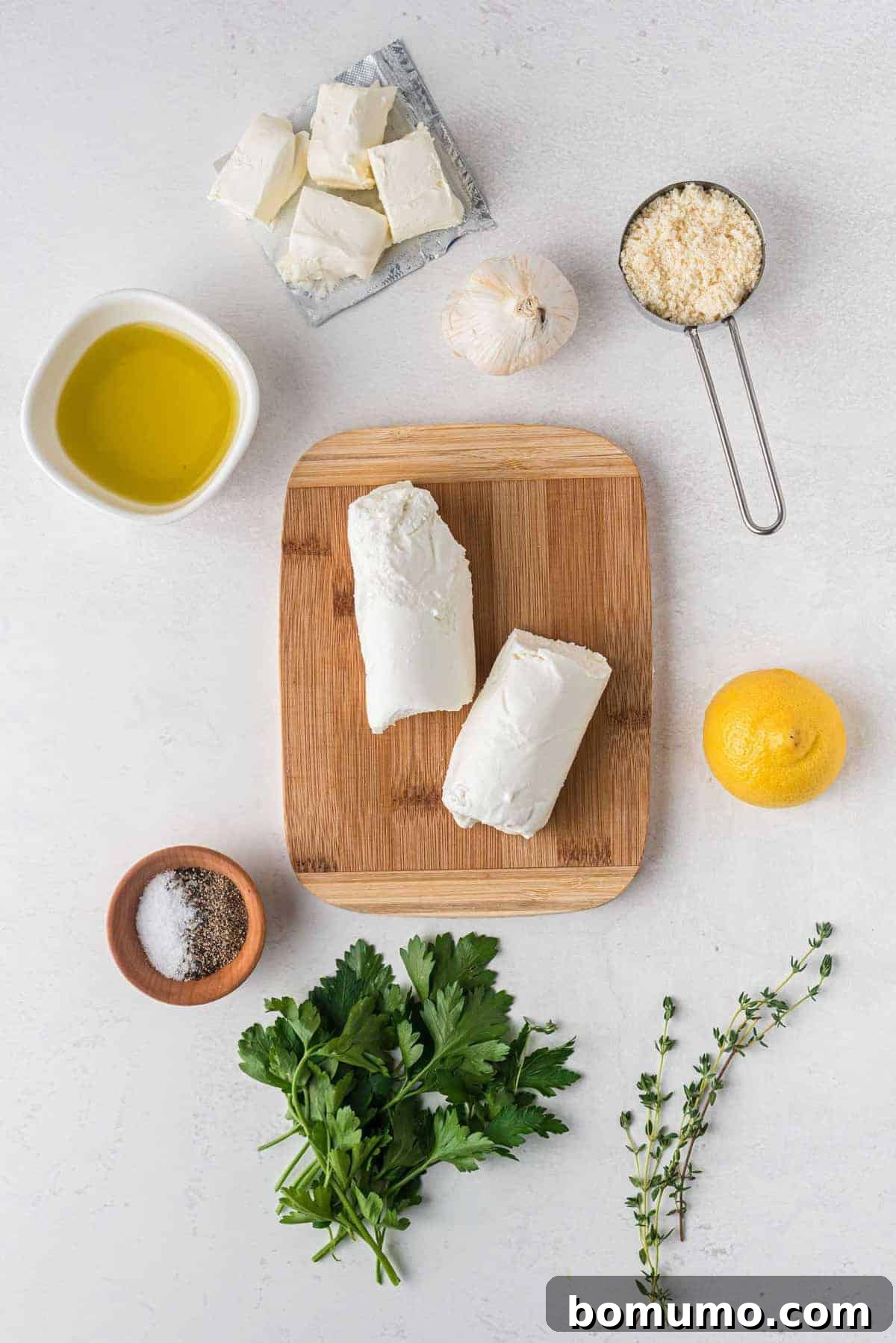 Ingredients needed for goat cheese dip, overhead view.
