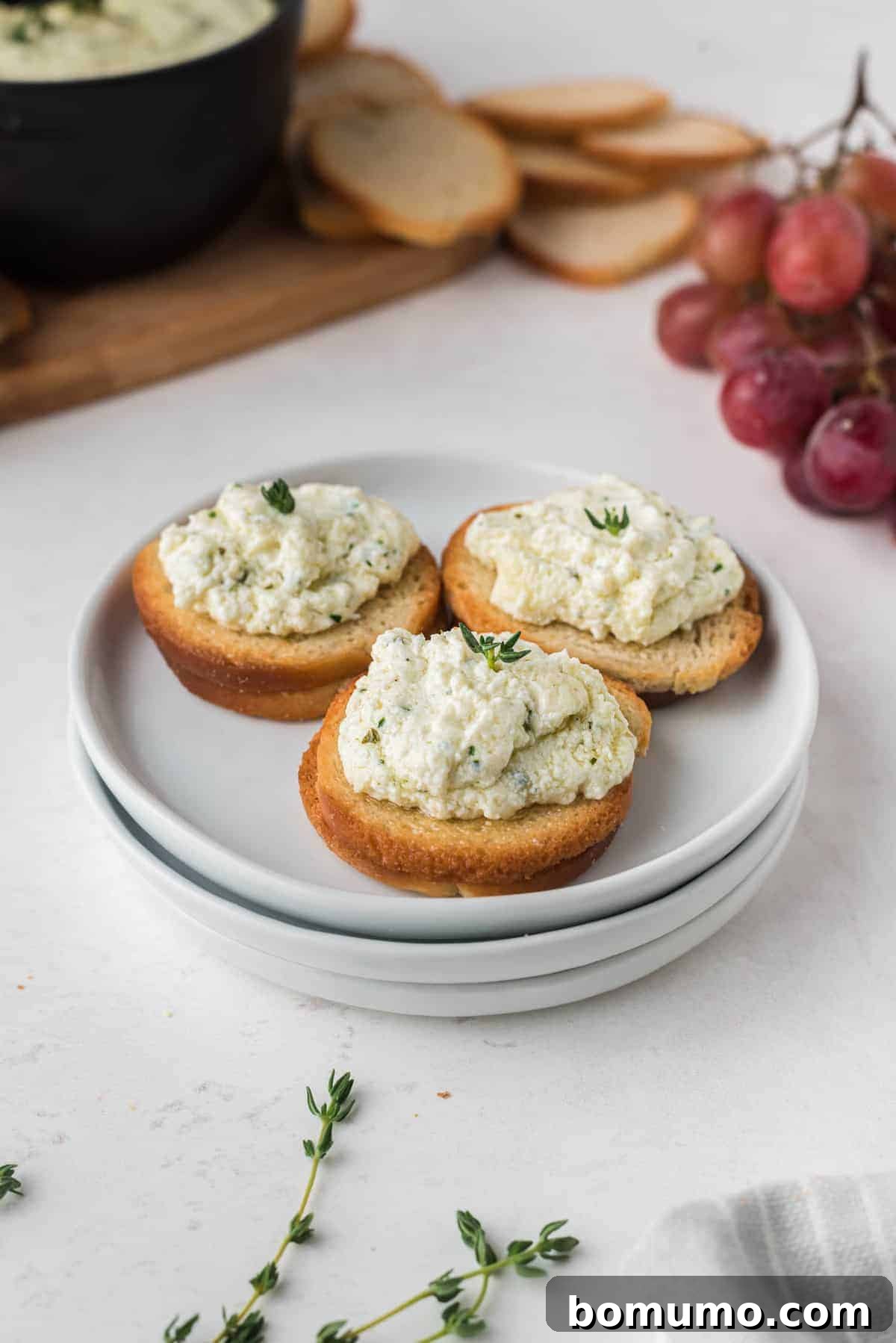 Goat cheese spread onto round toasts.
