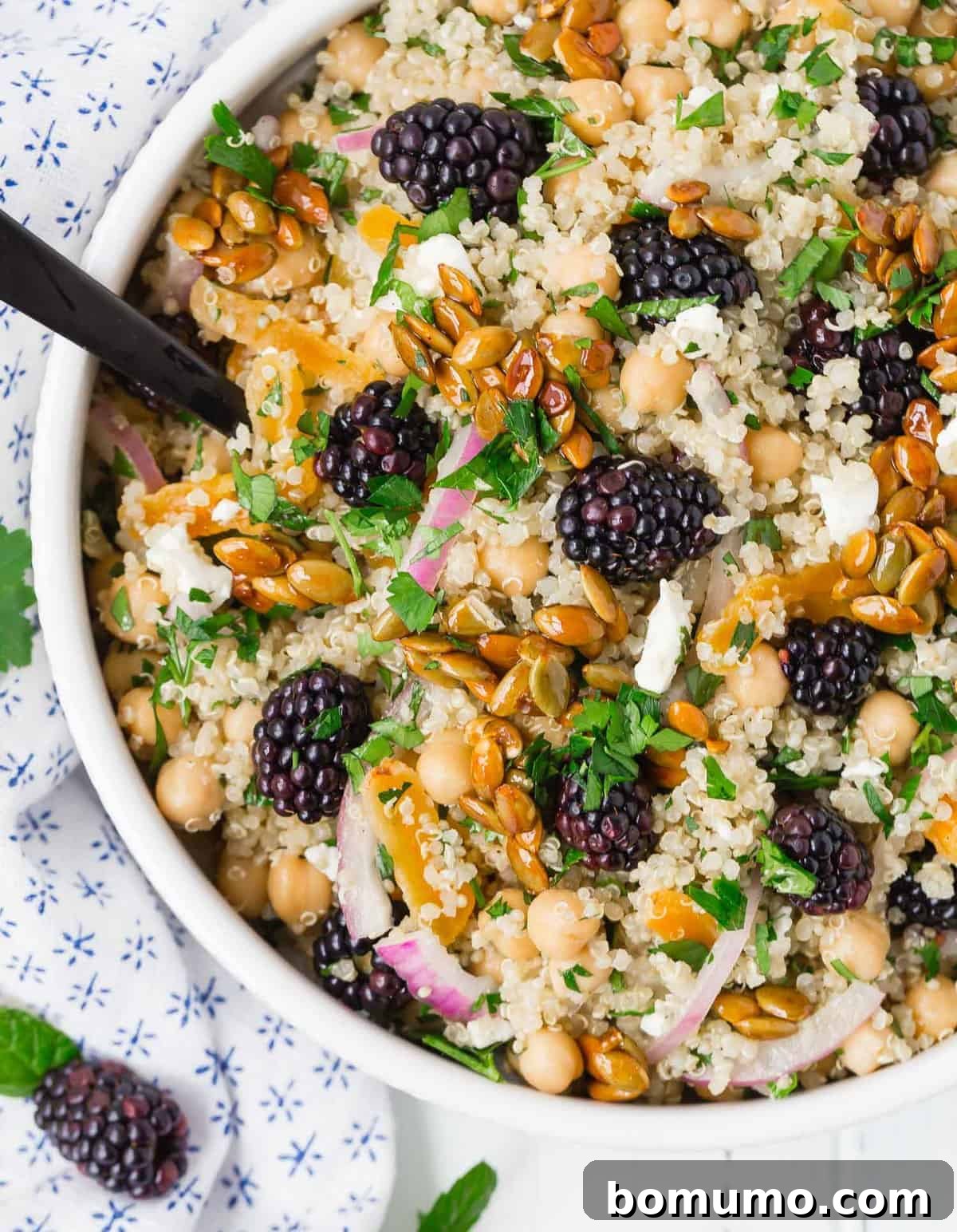 Close up of a salad in a white bowl comprised of quinoa, chickpeas, feta cheese, red onion, blackberries and more.