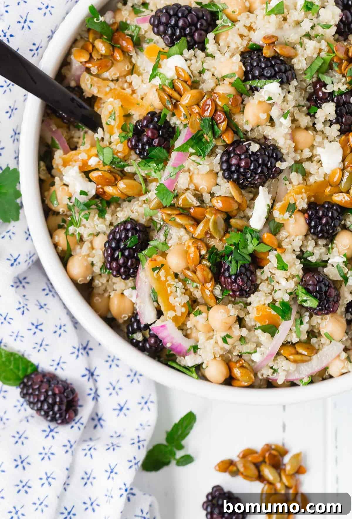Overhead view of a colorful quinoa salad.