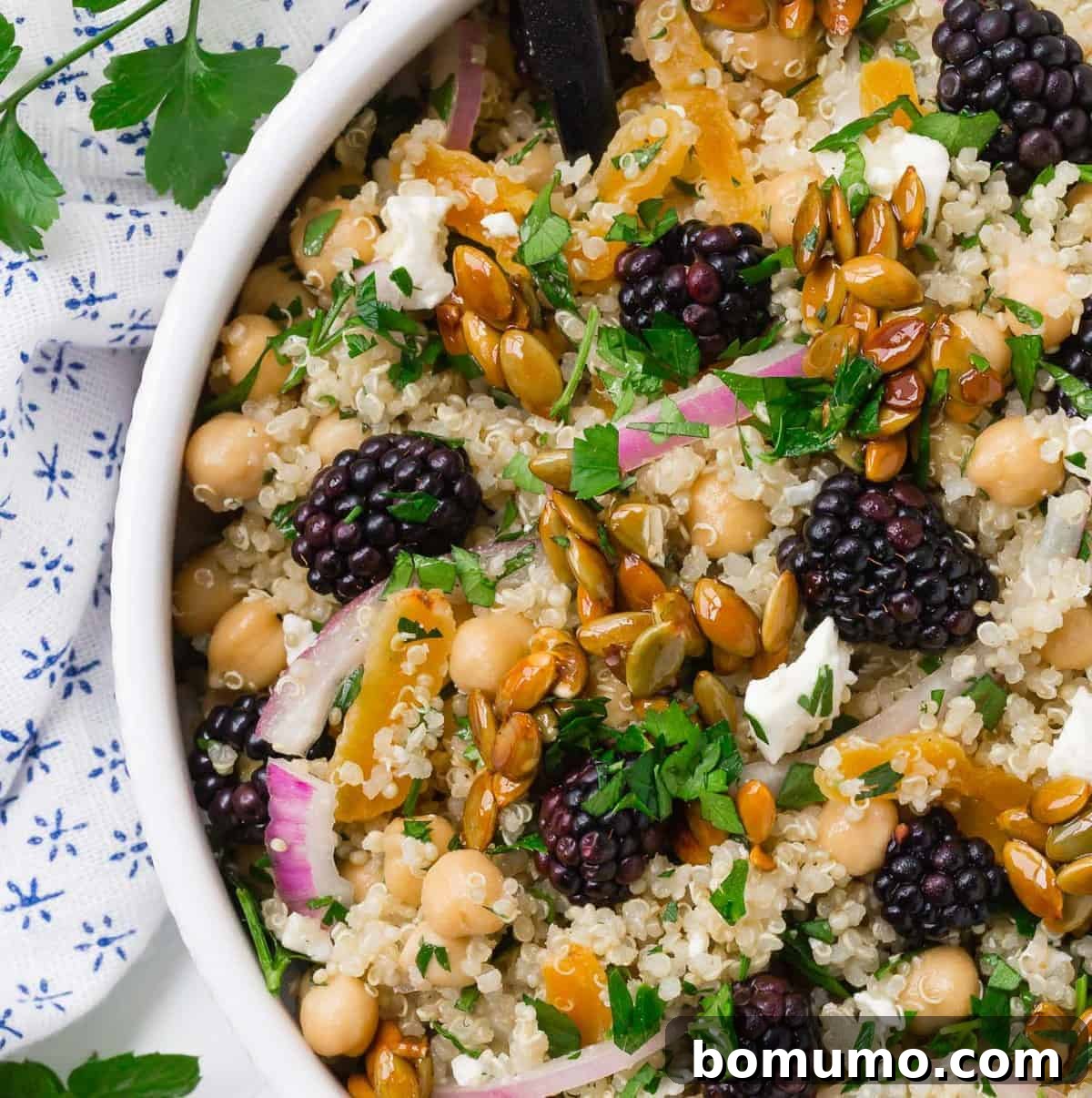 Quinoa and chickpea salad, very close up view to show texture.