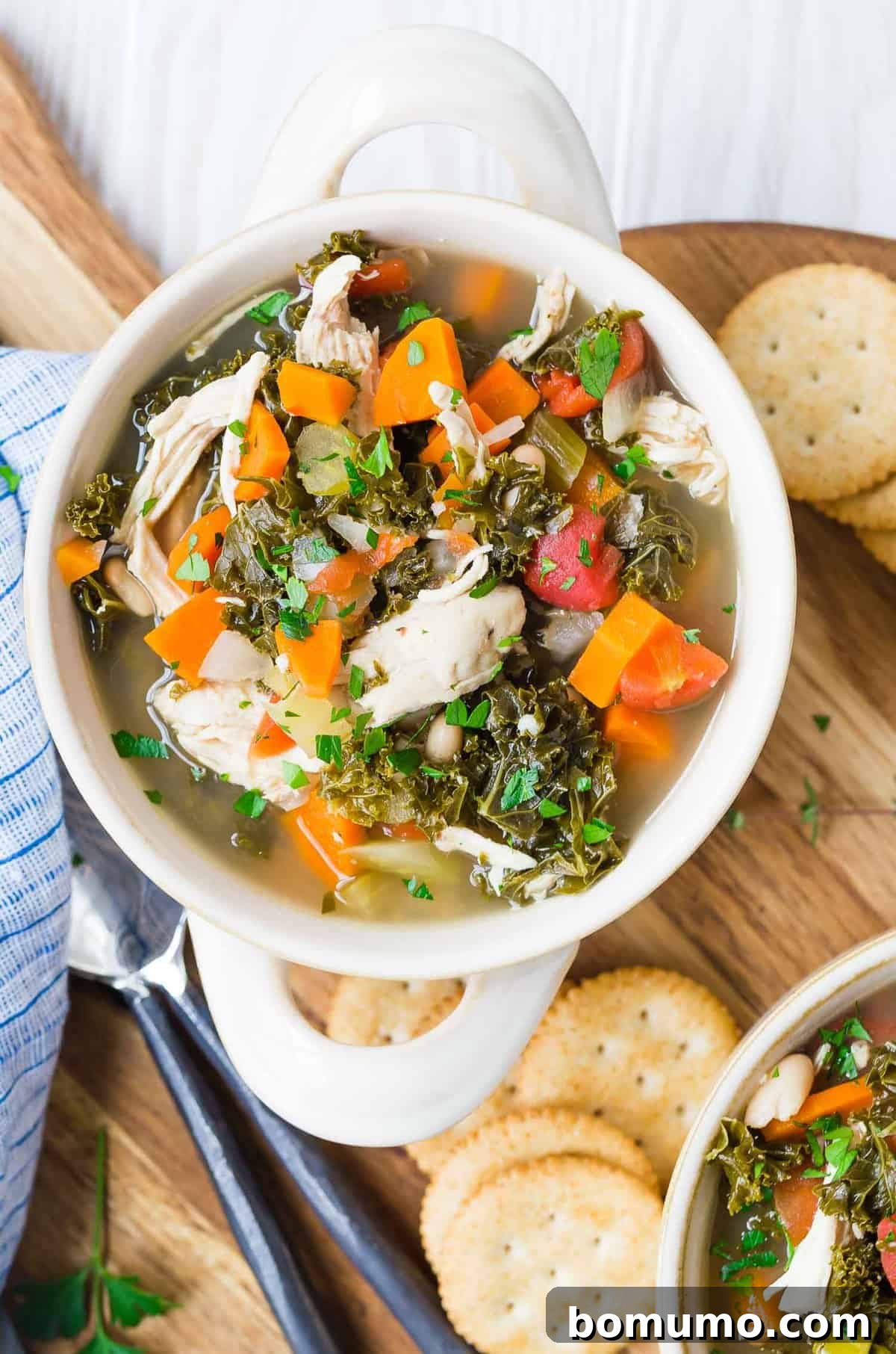 Overhead view of a bowl of soup in a two-handled bowl. Soup includes kale, chicken, carrots.