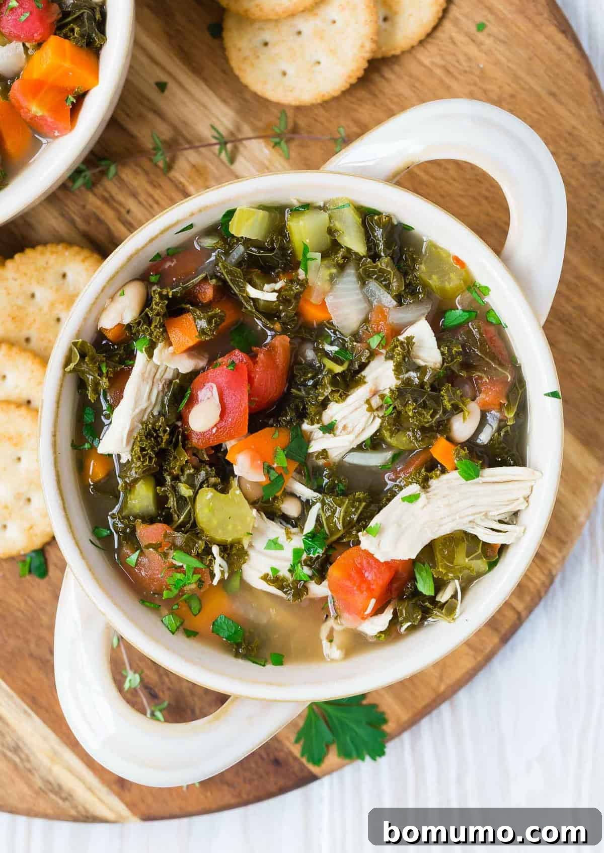 Overhead view of a white two-handled bowl full of colorful healthy soup.