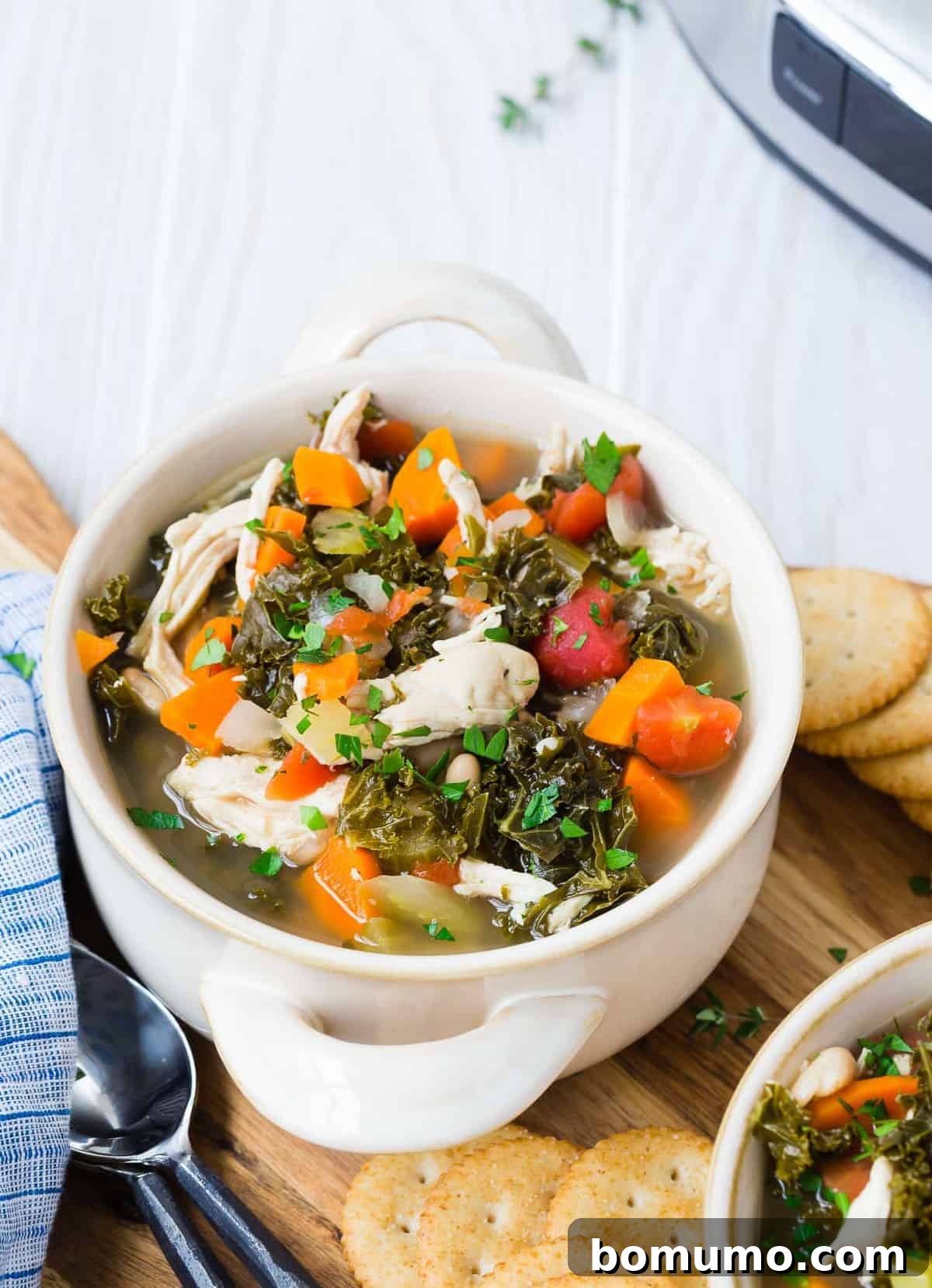 Kale, chicken, tomato, and carrot soup in a white bowl. 