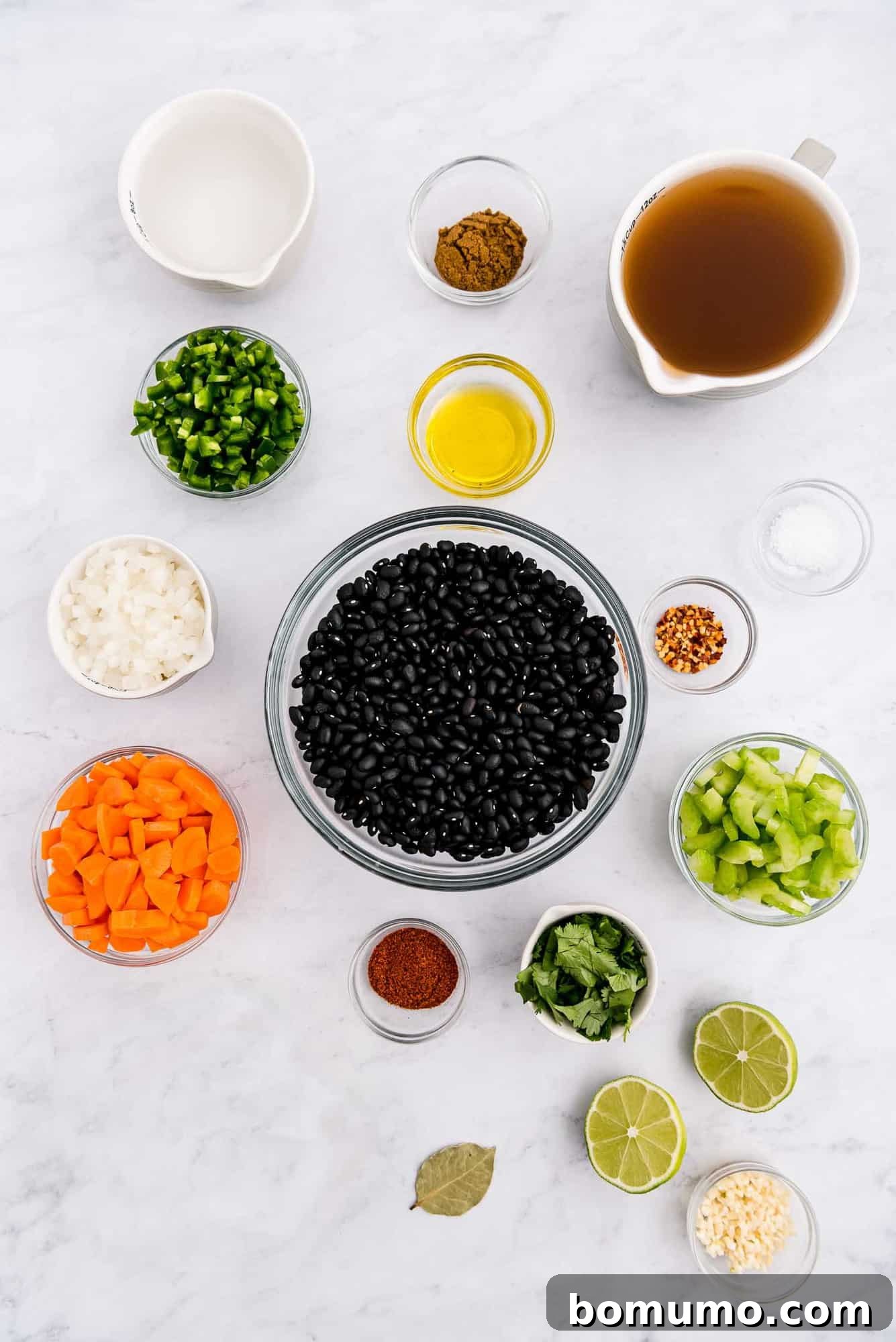 Overhead shot of vibrant, colorful black bean soup ingredients neatly arranged in glass bowls, featuring black beans, carrots, jalapeños, onions, and more.