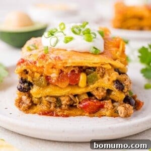 A slice of layered Mexican lasagna with ground meat, beans, cheese, and tomatoes topped with sour cream and chopped green onions on a white plate.