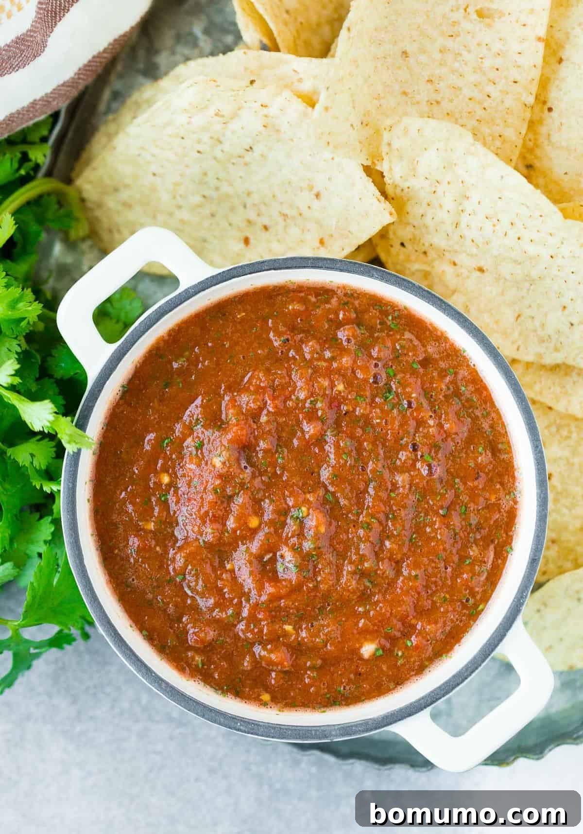 Overhead view of chipotle salsa in a white dish, surrounded by chips.