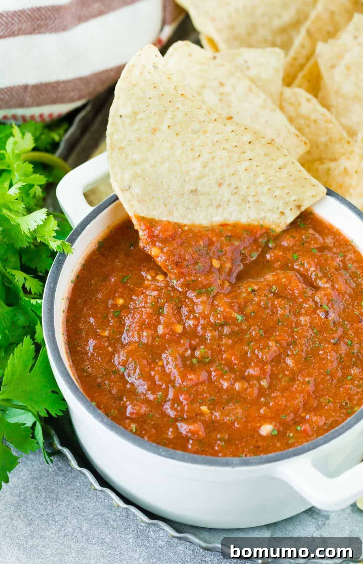 Tortilla chip being dipped into a bowl of salsa.