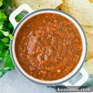 Overhead view of salsa in a white bowl with two handles.