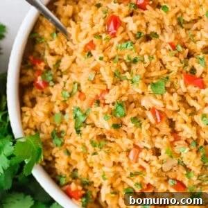 Overhead view of a white bowl filled with colorful mexican rice garnished with cilantro.