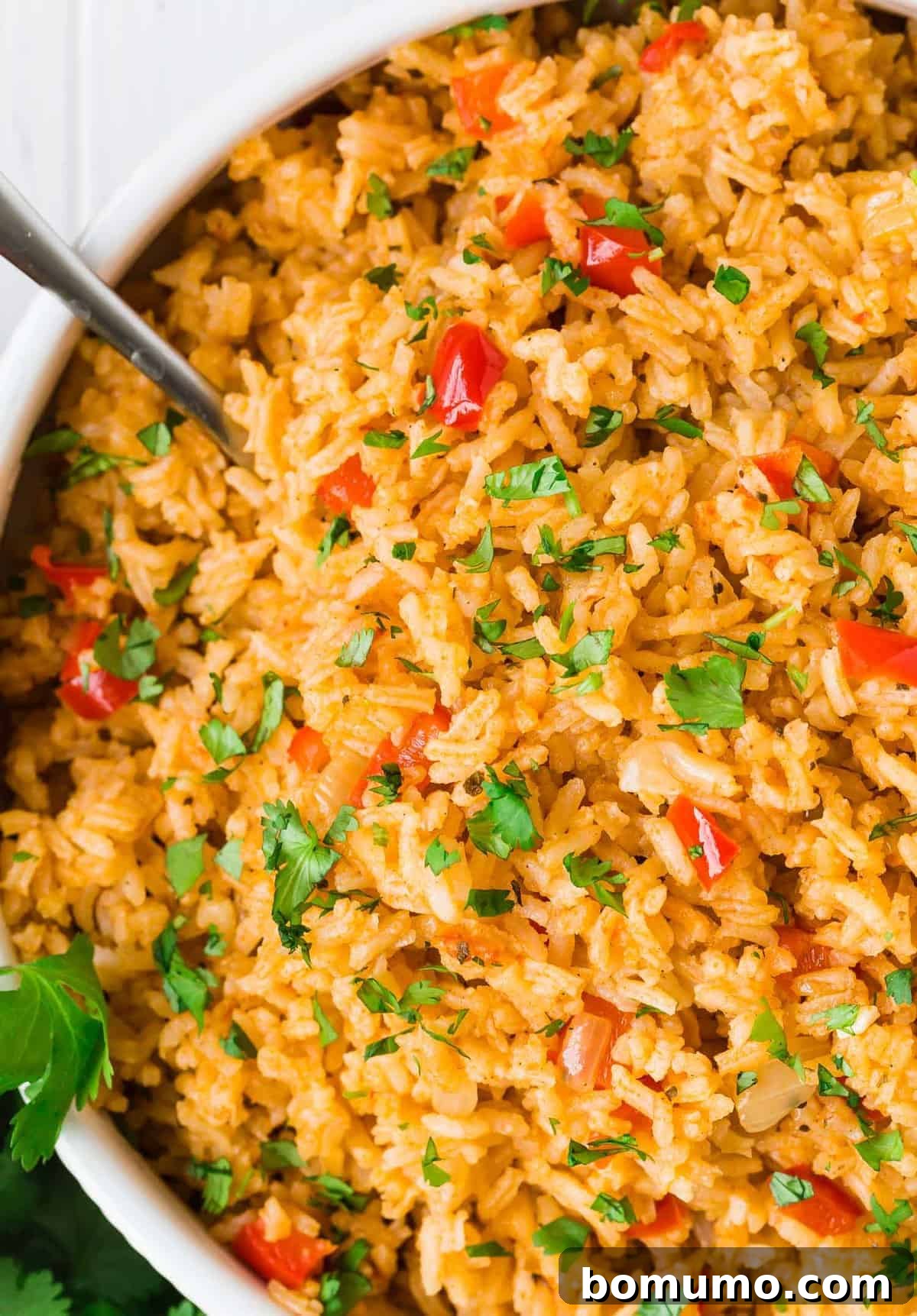 Close up of mexican rice in a white serving bowl.