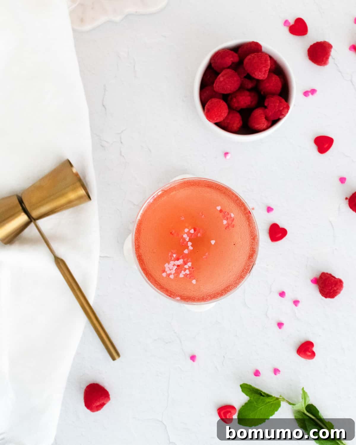 Overhead view of a light pink cocktail, garnished with fresh raspberries and a mint sprig.