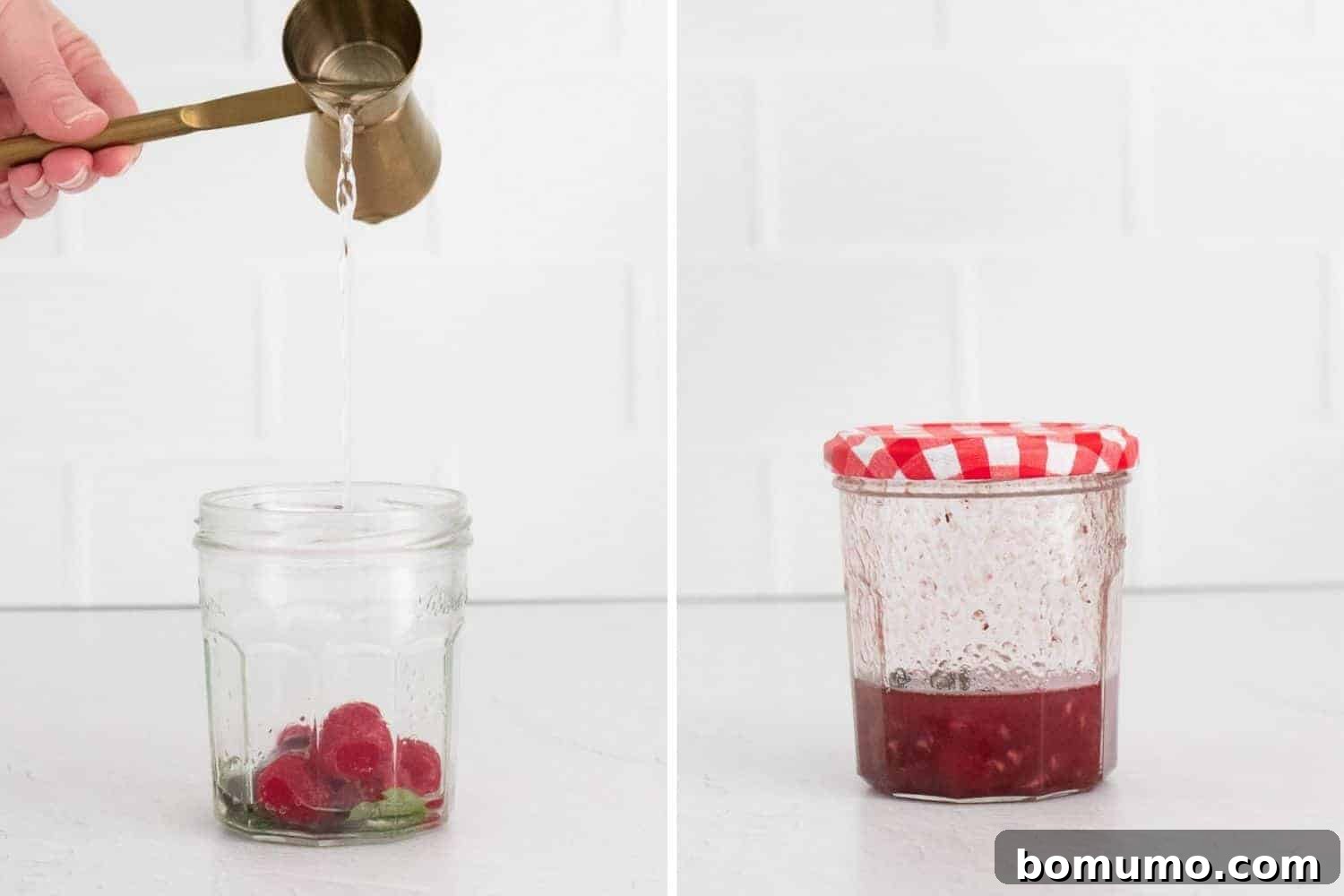 Two images, syrup being poured into a jar with raspberries, and then smashed raspberries in a jar, illustrating the muddling process.