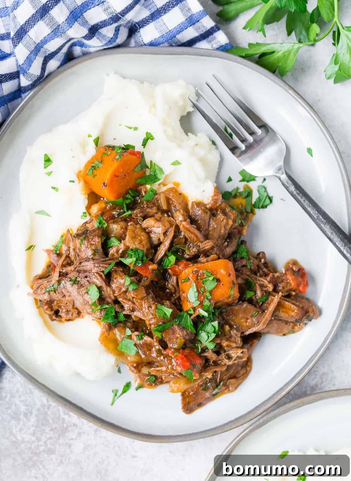 Overhead view of slow cooker Italian pot roast served over mashed potatoes, garnished with fresh parsley.