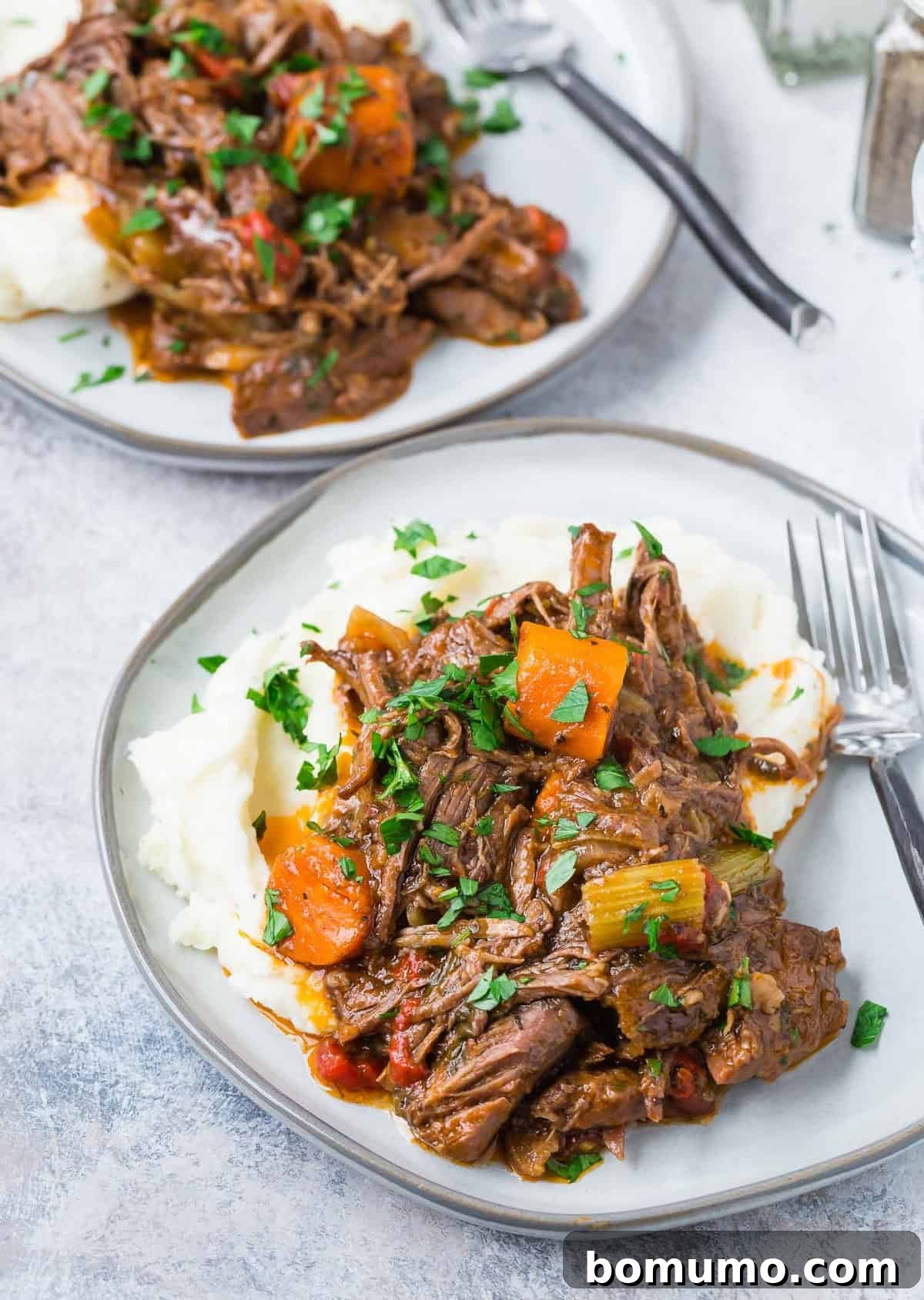 Two plates of Italian pot roast served over mashed potatoes, garnished with herbs.