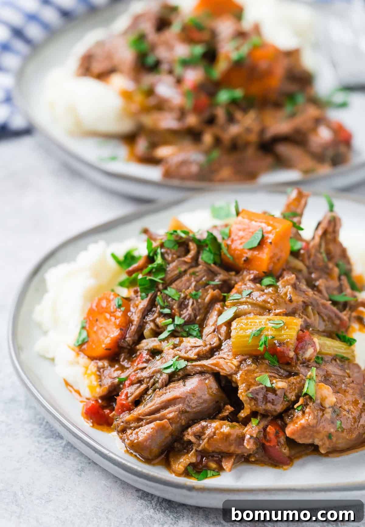 Close-up of shredded Italian pot roast served over mashed potatoes, garnished with fresh parsley.