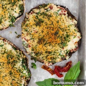 Portobello mushroom stuffed with cheese, sun dried tomatoes, and topped with crispy breadcrumbs.