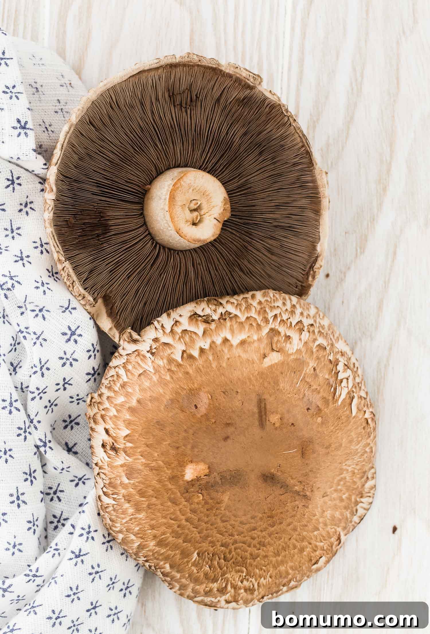 Stuffed Portobello Delight 4 Two portobello mushrooms on wooden surface, one mushroom flipped upside down to show gills.