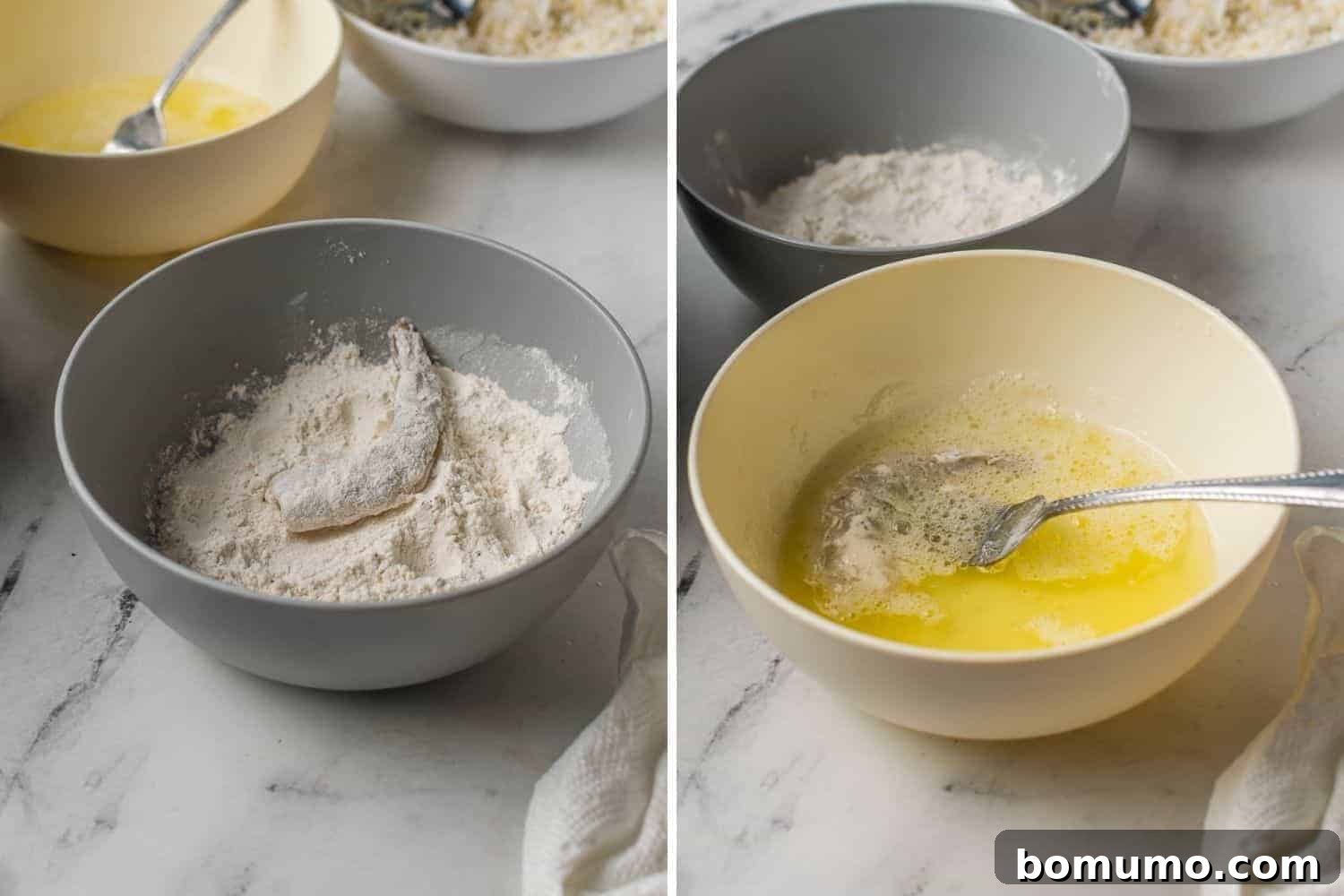 A two-part image showing the breading process for coconut shrimp. On the left, a shrimp is being dipped into a bowl of flour. On the right, another shrimp is being dipped into a bowl of beaten egg whites.