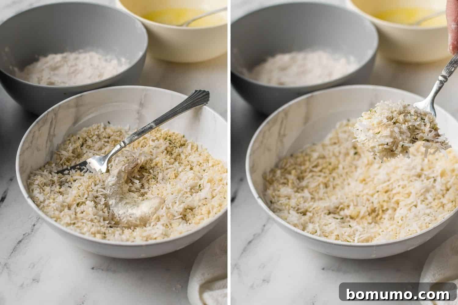 A close-up of a hand dipping a shrimp into a bowl filled with a mixture of coconut flakes and panko bread crumbs, ensuring it is fully coated during the breading process.