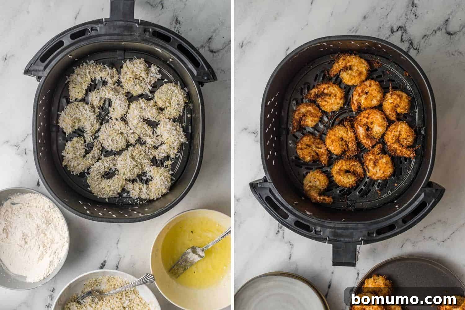 A collage showing air fryer coconut shrimp. On the left, uncooked breaded shrimp are arranged in the air fryer basket. On the right, the same shrimp are shown after cooking, golden brown and crispy.