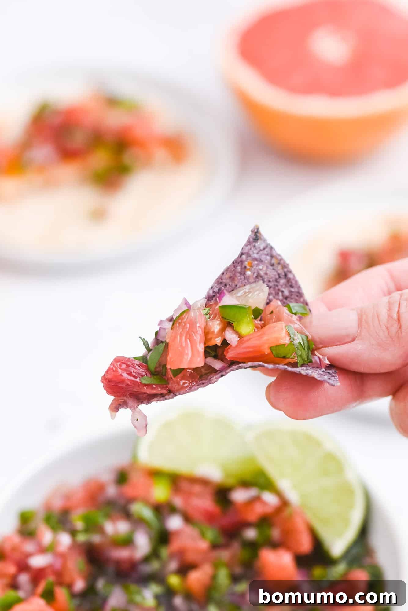 Close-up of a crispy tortilla chip topped with a spoonful of colorful citrus salsa, ready to be enjoyed.
