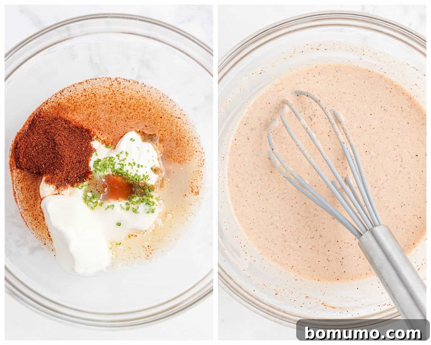 A visual demonstration of the salad dressing, showing its separate components before being mixed and then its smooth, creamy texture after whisking.