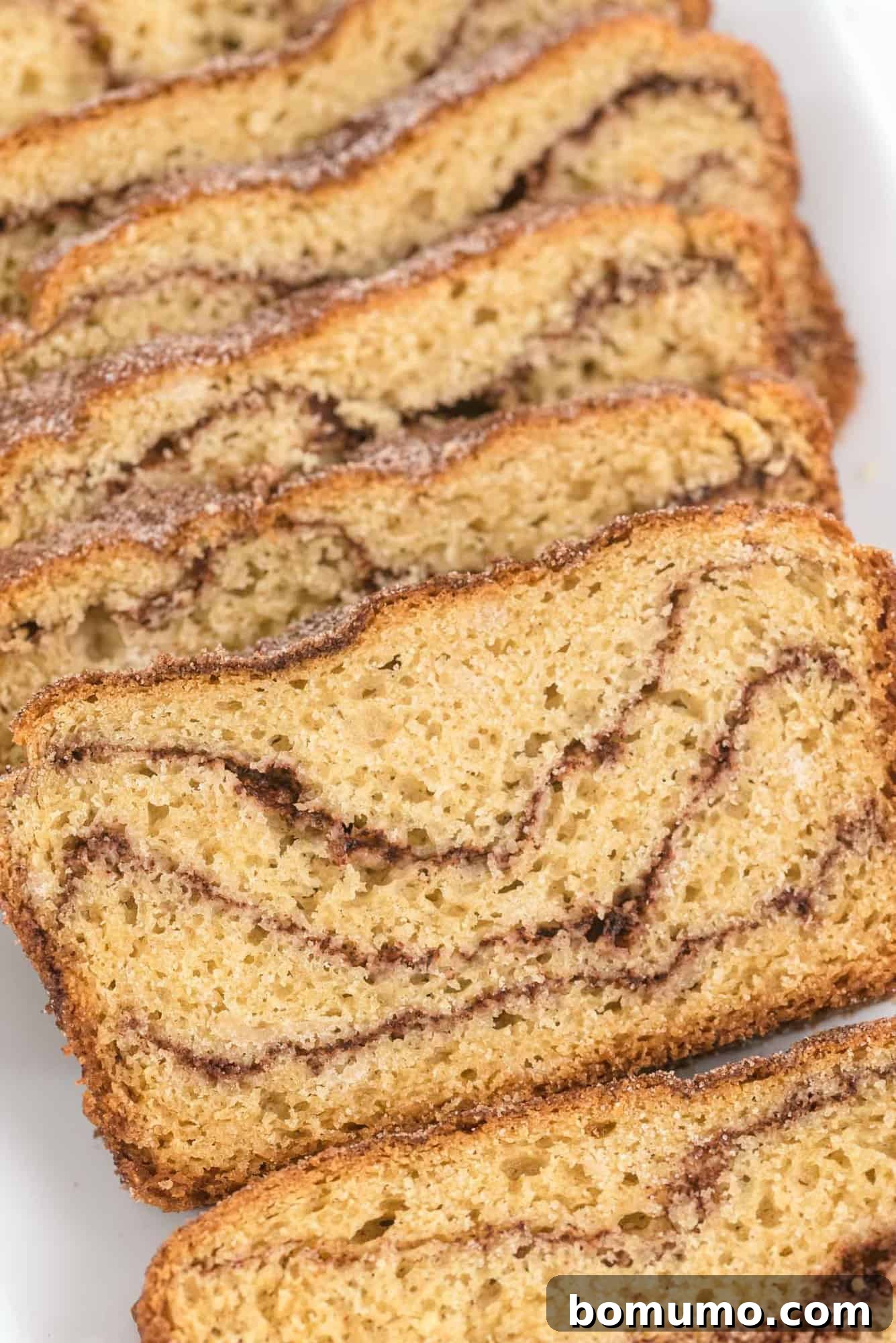 Close-up of a perfectly sliced loaf of Snickerdoodle Bread, revealing its rich cinnamon swirls.