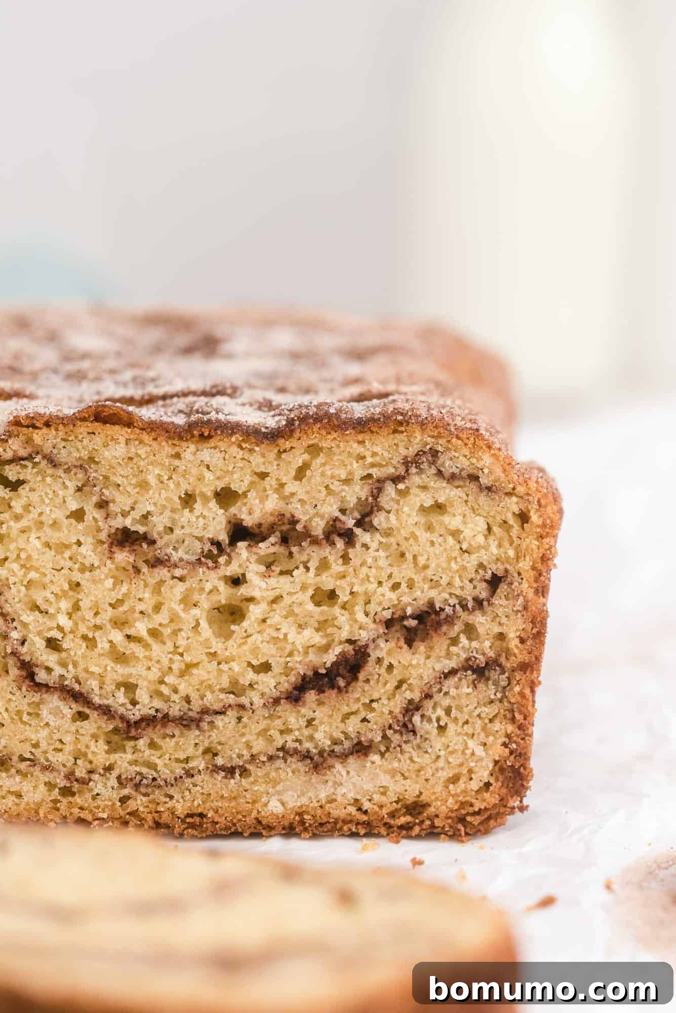 A close-up view of the perfectly baked Snickerdoodle Bread, showing the textured crust and hints of cinnamon swirl.