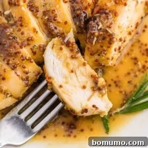 Slice of chicken on a fork with honey mustard sauce.