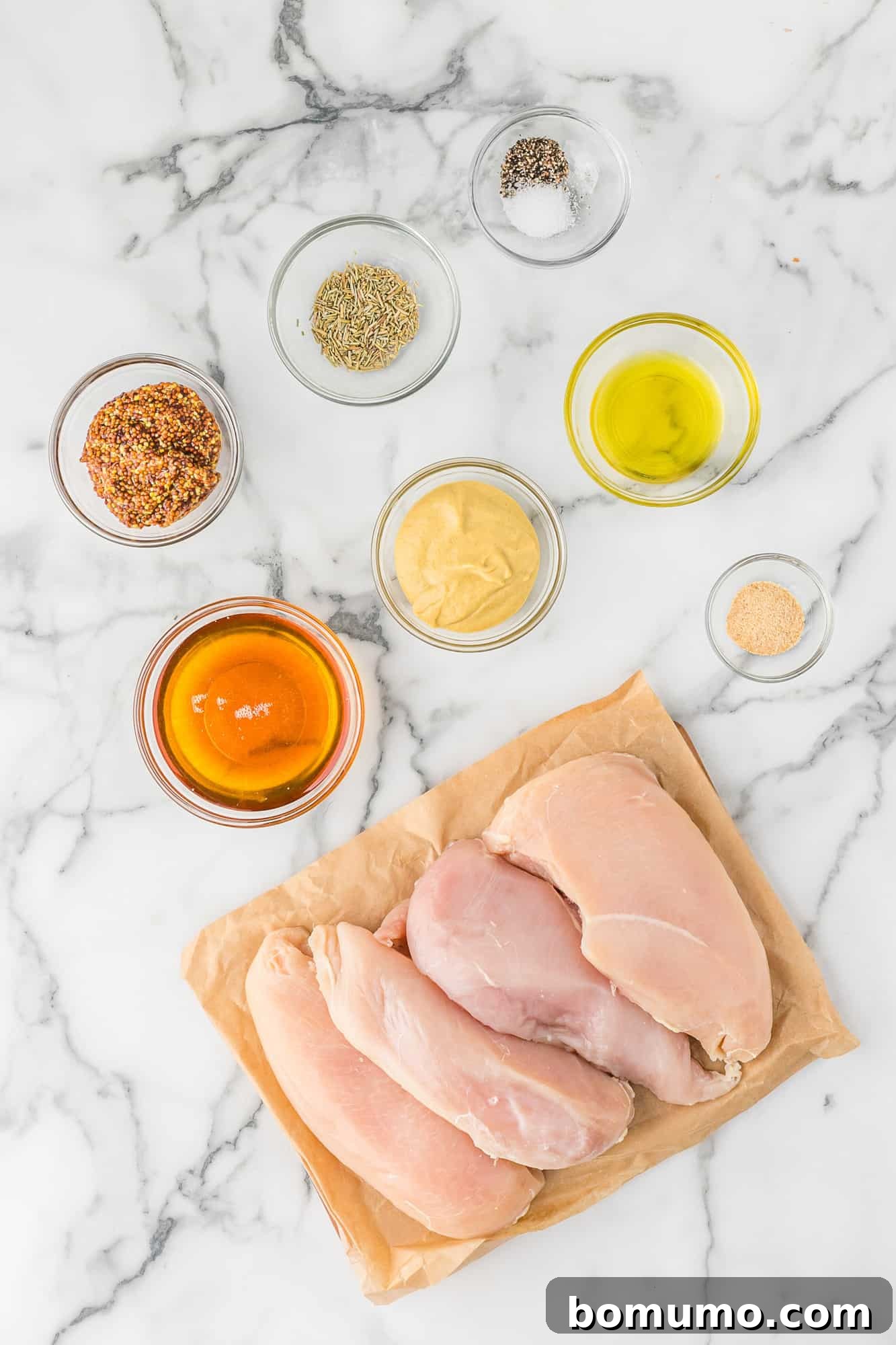 Overhead view of the essential ingredients for honey mustard chicken, including two distinct types of mustard.
