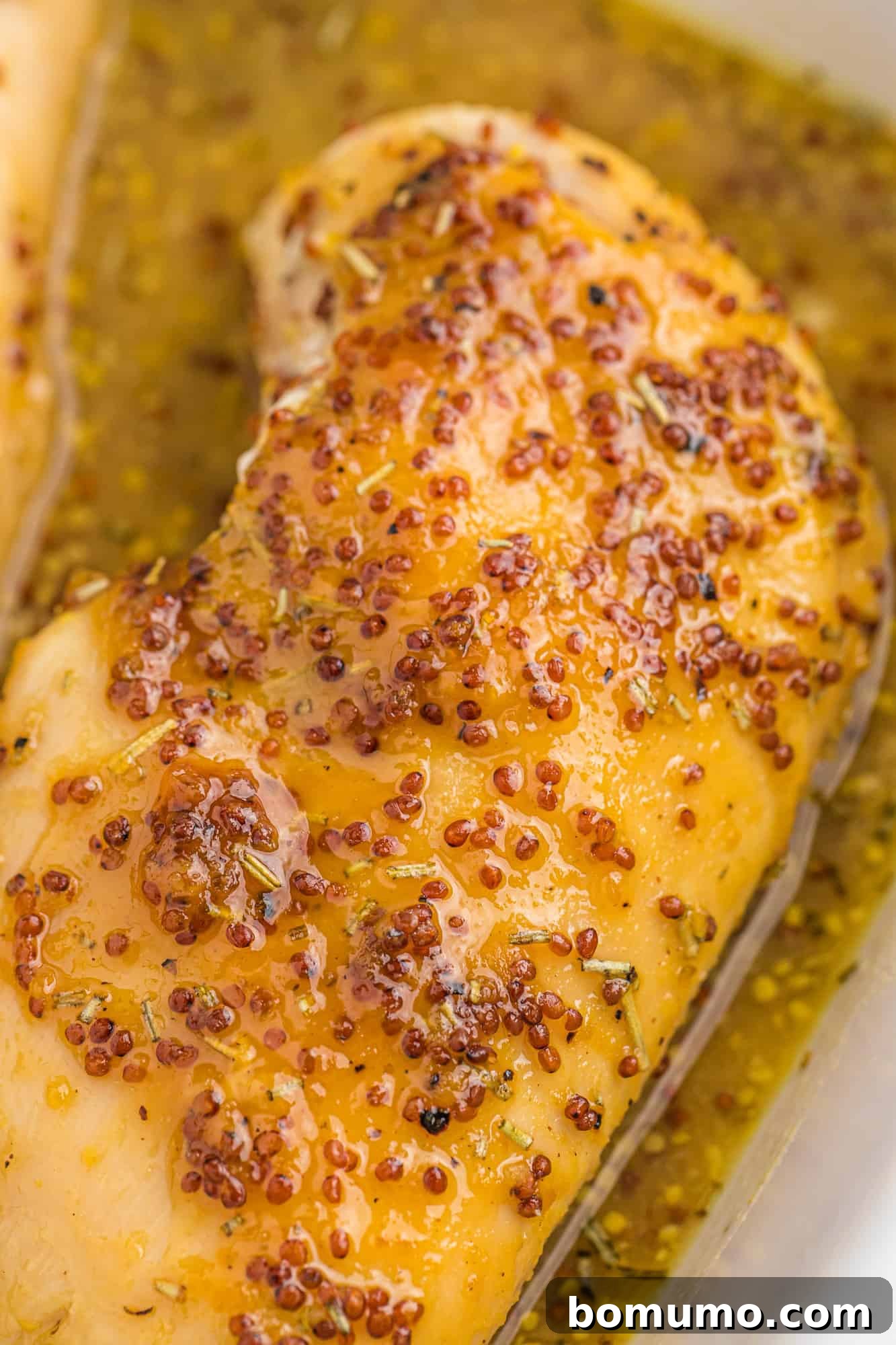 Close-up of succulent baked chicken glistening with honey mustard sauce, ready to be served.