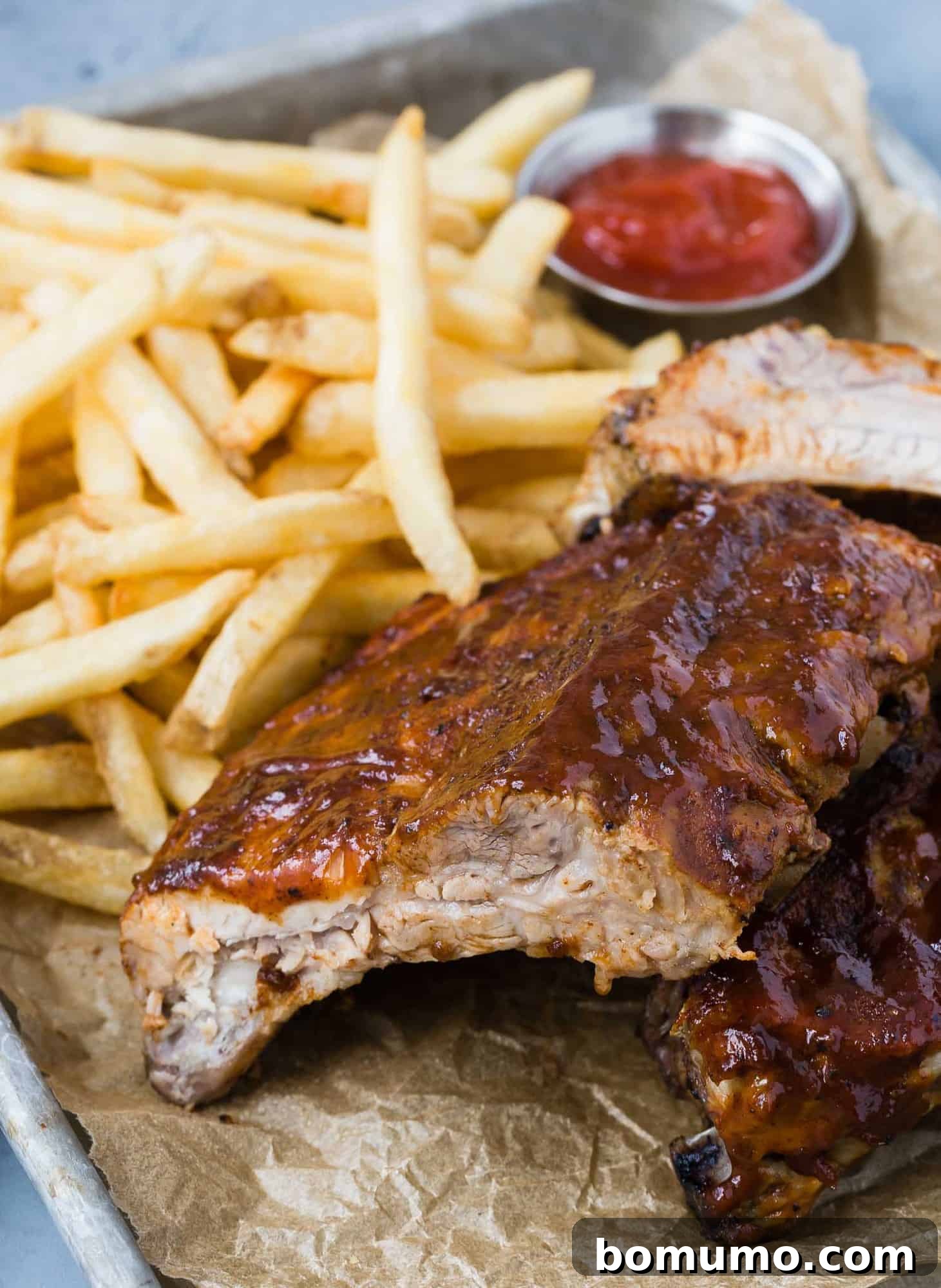 A close-up view of succulent BBQ ribs, glistening with sauce, accompanied by a pile of golden fries and a dollop of ketchup.